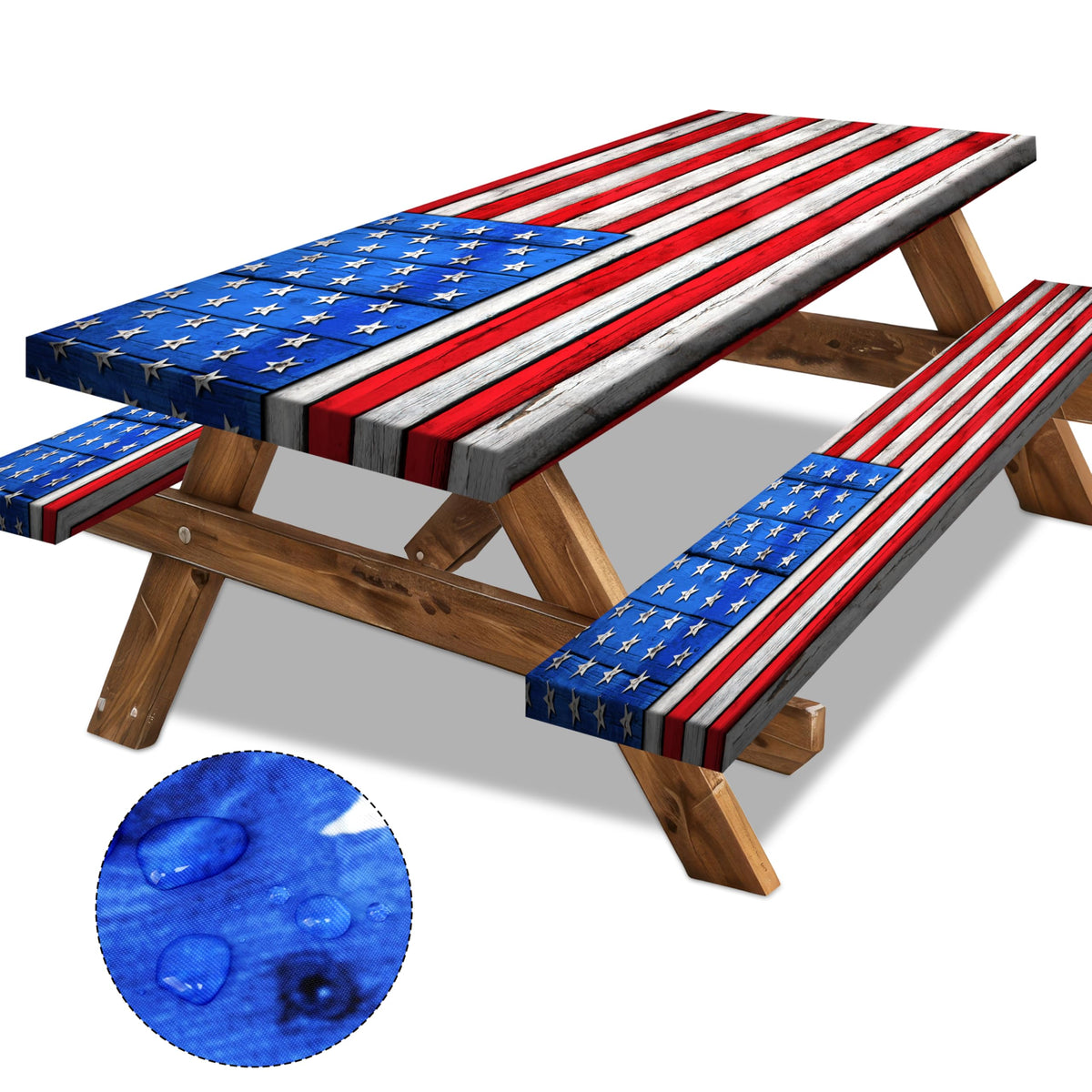 Butaluk American Flag table cover 72x30 protecting wood and adding outdoor style