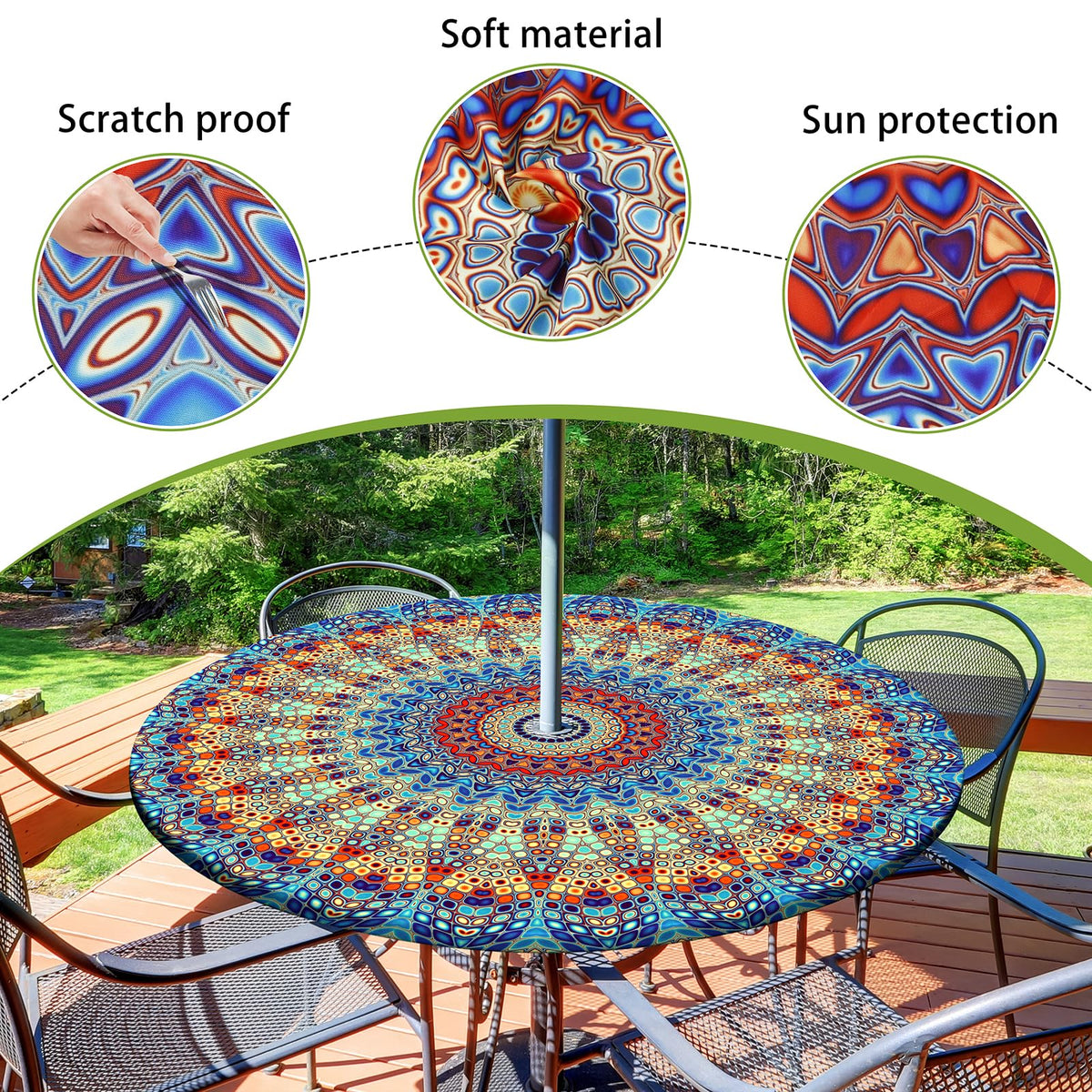 Butaluk elastic-edge round tablecloth stays secure on tables.