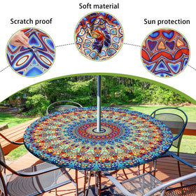 Butaluk elastic-edge round tablecloth stays secure on tables.
