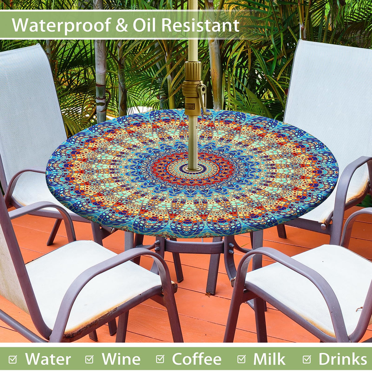 Butaluk round tablecloth with umbrella hole and zipper for easy setup.