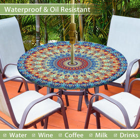 Butaluk round tablecloth with umbrella hole and zipper for easy setup.