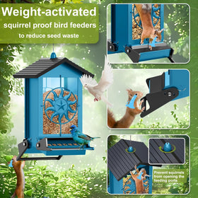 Buteafly Squirrel-Proof Feeder side view demonstrates weight-activated defense stopping access when larger animals climb.