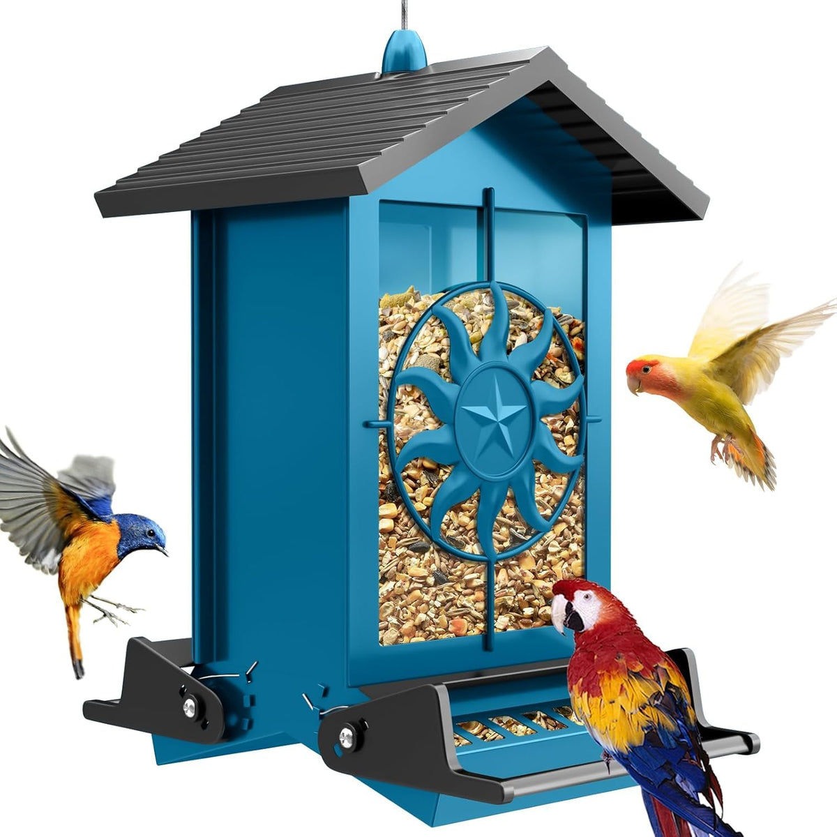 Buteafly Squirrel-Proof Feeder top view highlights durable metal construction for year-round outdoor use.