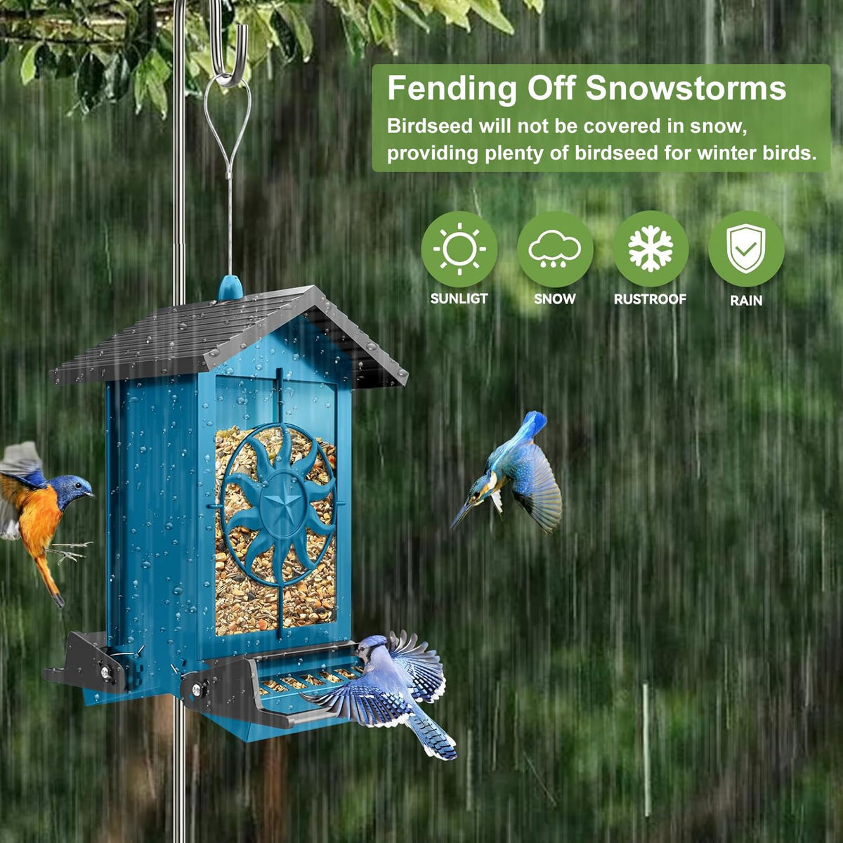 Buteafly Wide-Roof Design shields seeds from rain and snow.