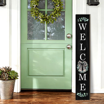 Buxjexh eucalyptus-wreath welcome sign for year-round porch appeal.