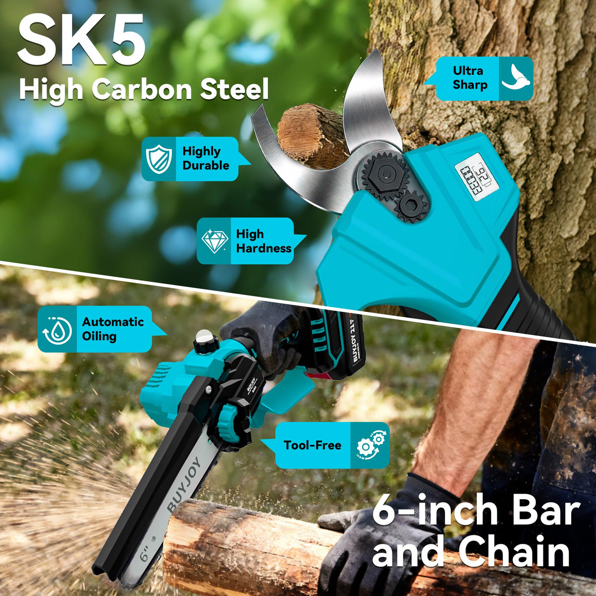 BuyJoy 6-inch electric chainsaw cutting at 2.3-inch diameter.