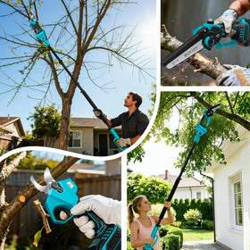 Extendable BuyJoy pole with 9.5 ft reach for high-branch trimming.