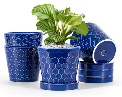BUYMAX ceramic pot 5-inch blue-striped cone for desks and small herbs or succulents.