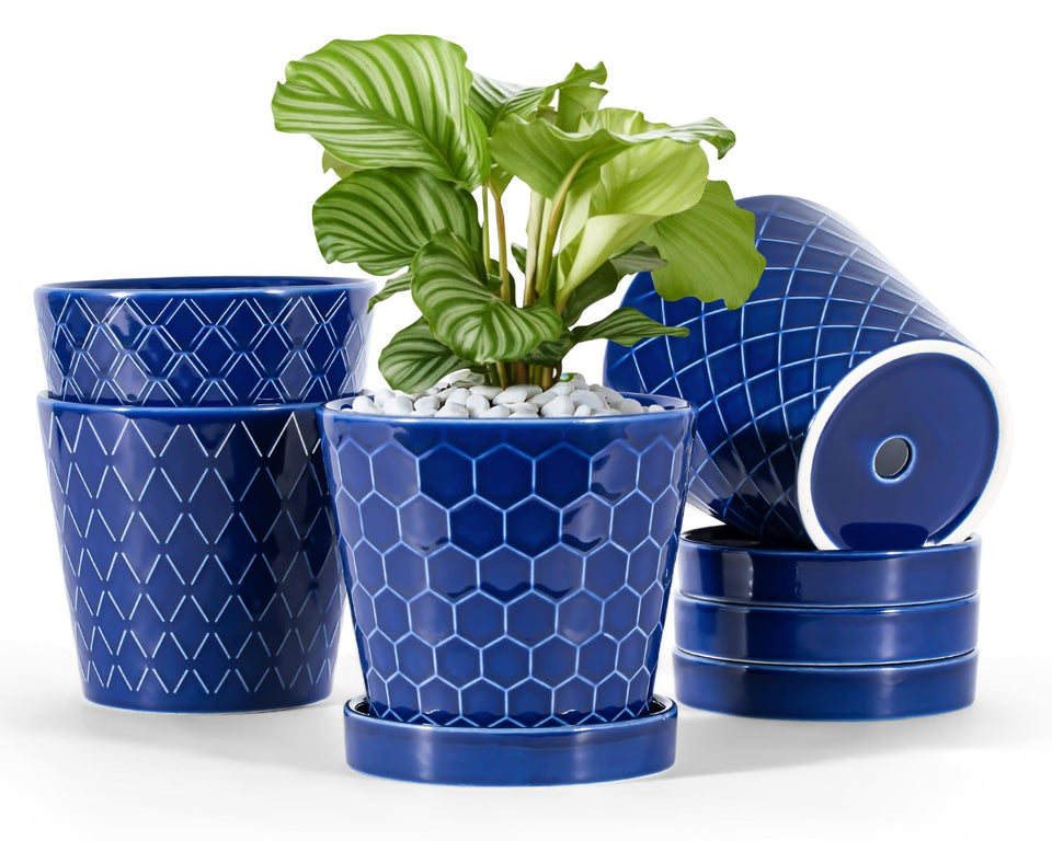 BUYMAX ceramic pot 5-inch blue-striped cone for desks and small herbs or succulents.