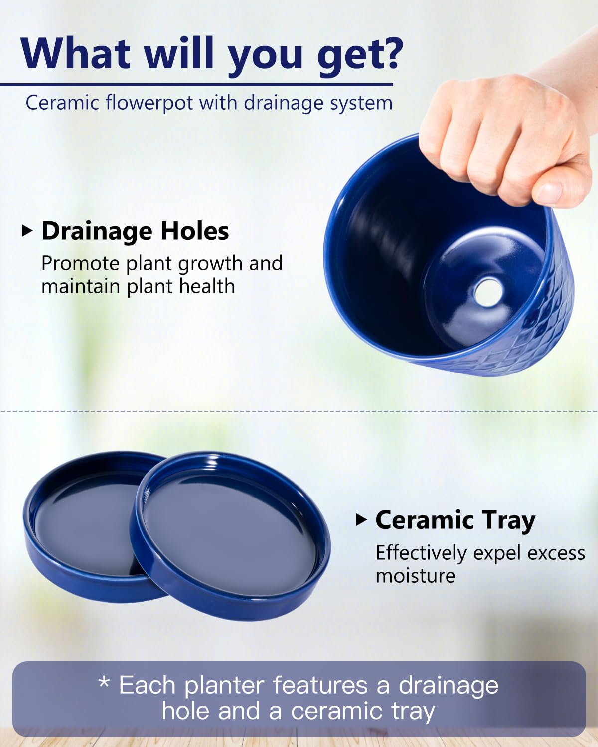 BUYMAX 5-inch blue-striped ceramic pot on sunny windowsill display.