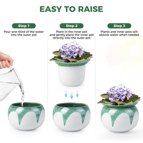 BUYMAX green self-watering pot fits herbs and violets for easy care.