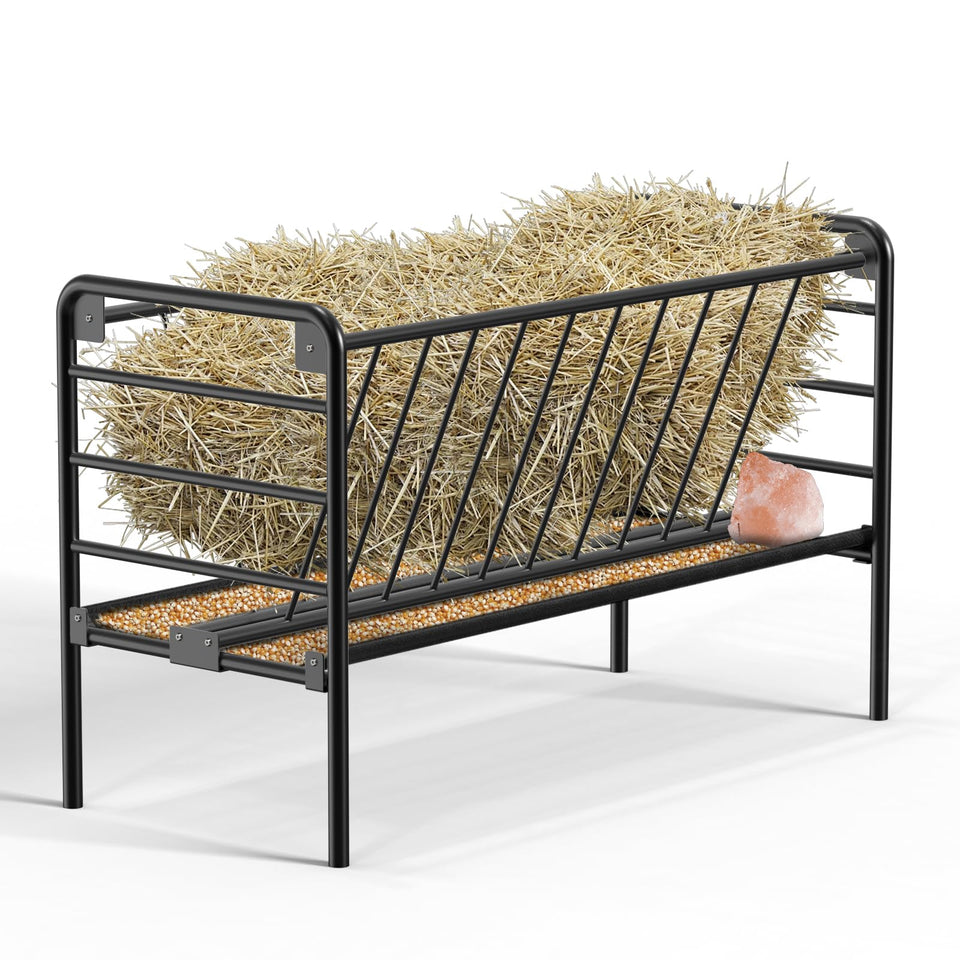 BUYYAH Horse Hay Feeder with 60-gallon capacity keeps ponies fed efficiently.