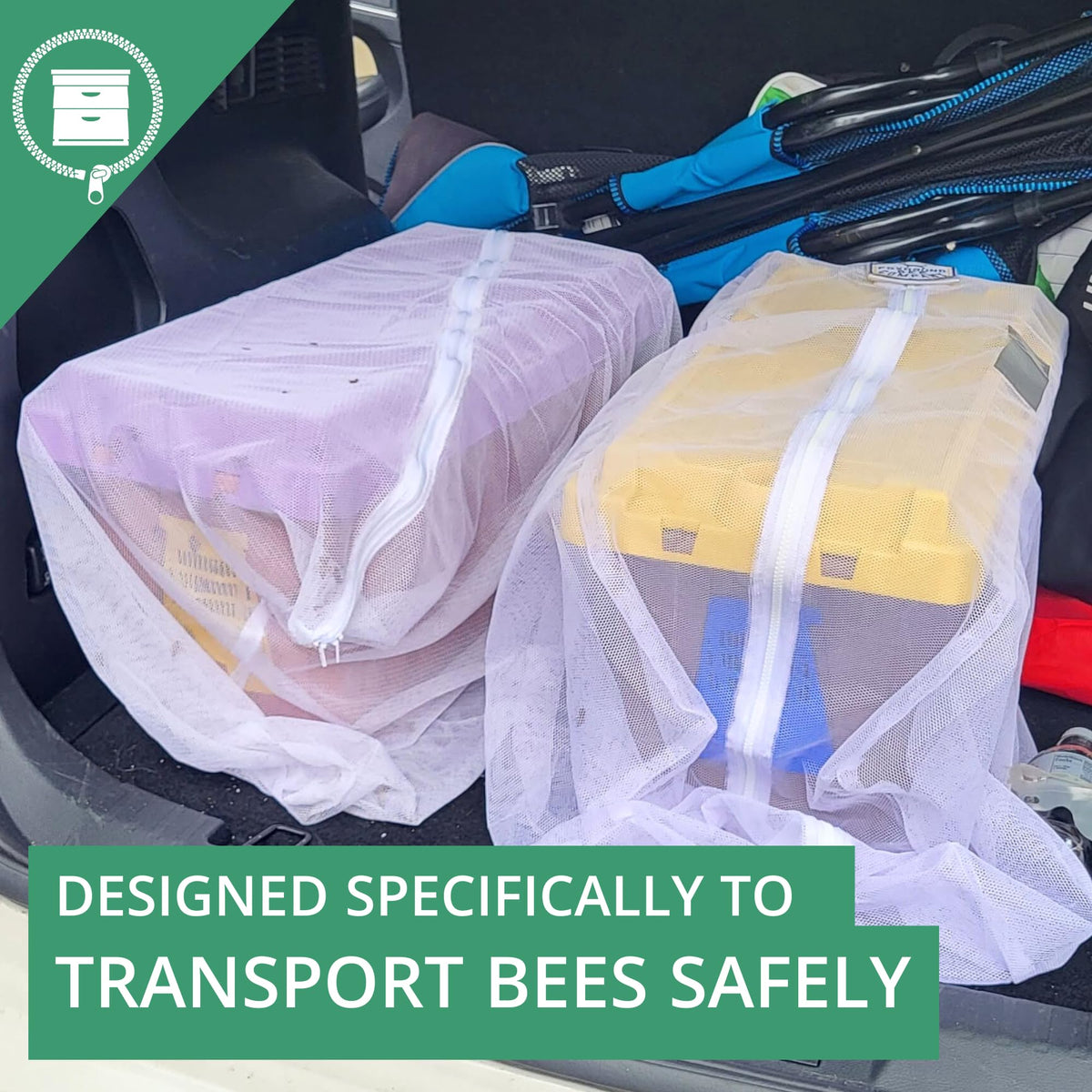 Buzz Bag easy-load zipper enables quick access while keeping the hive secure.