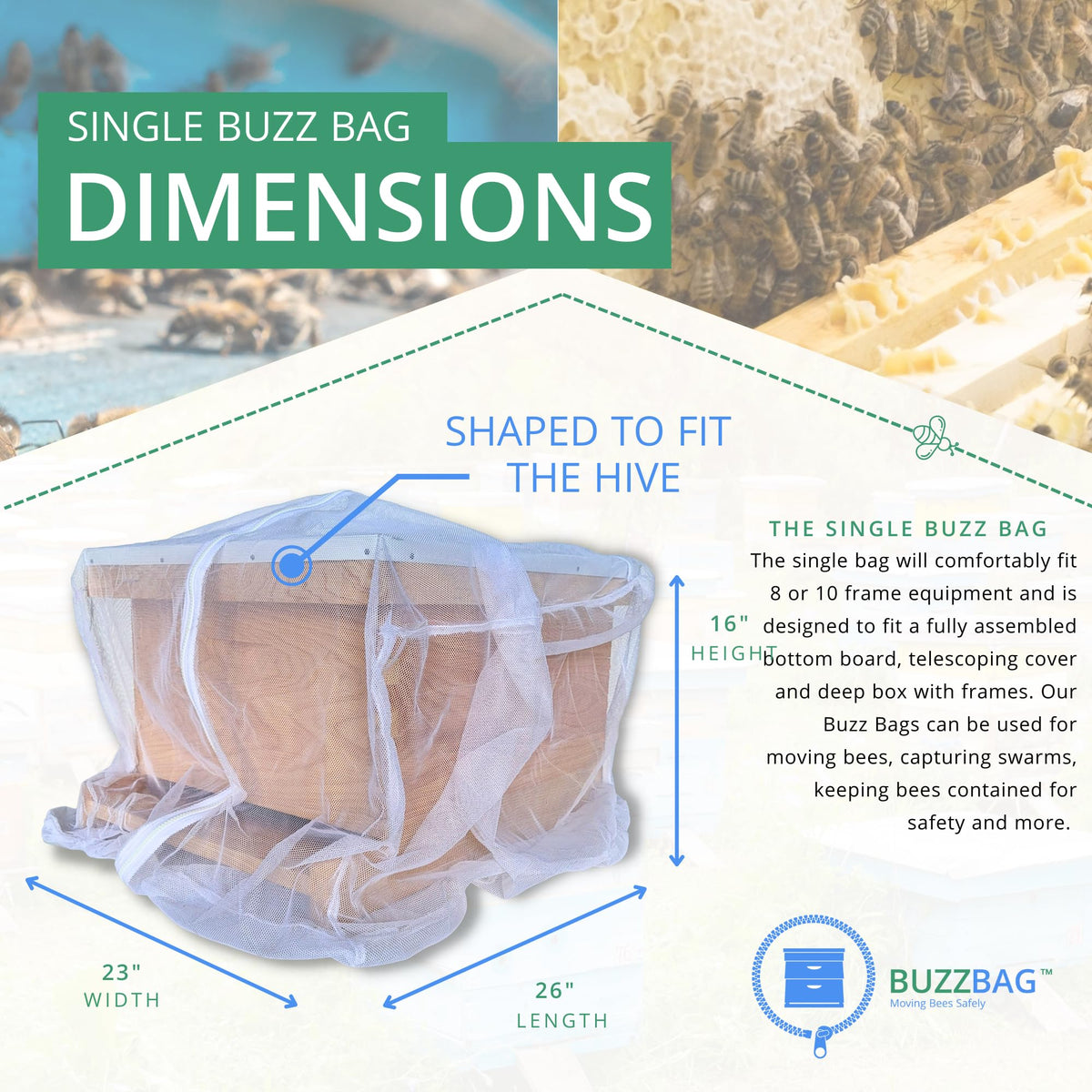 Buzz Bag gusseted design mirrors hive shape for natural fit.