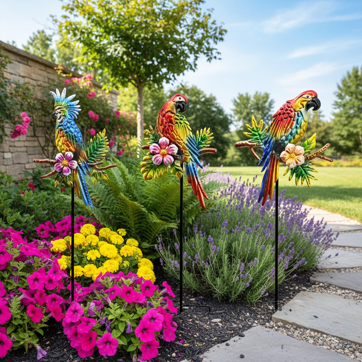BVLFOOK Rainbow Parrot Yard Art in flower bed enhances garden charm.