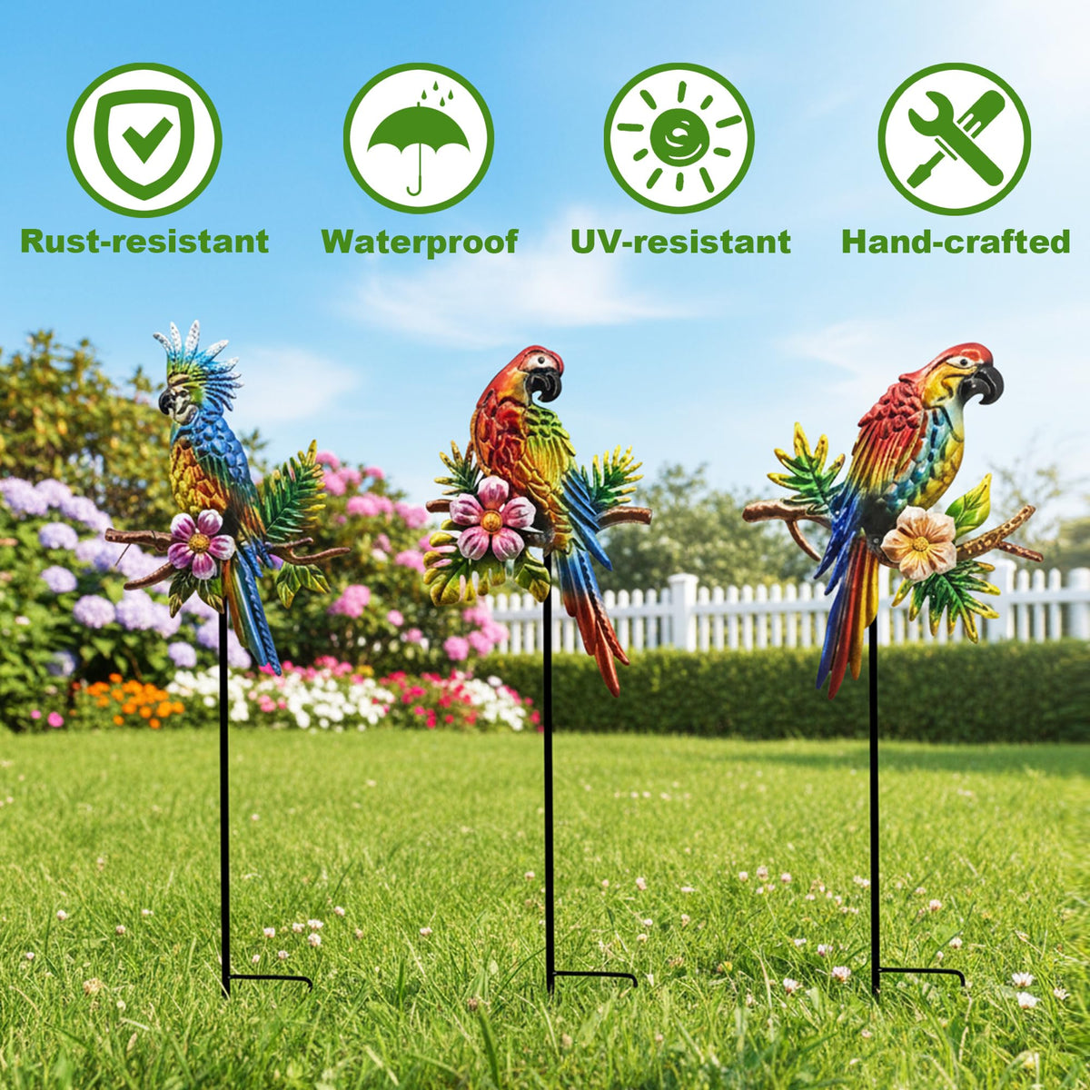 BVLFOOK Three-pack Metal Bird Stakes adds whimsy to lawns and pots.