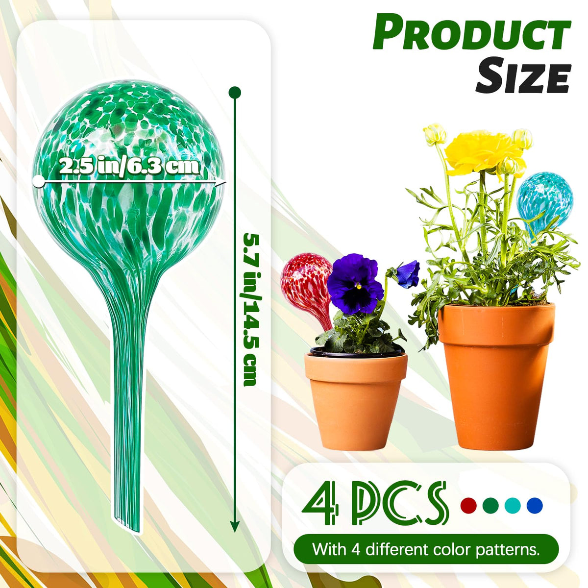 Bvrbaory glass bulbs inserted into soil delivering steady moisture to plants.