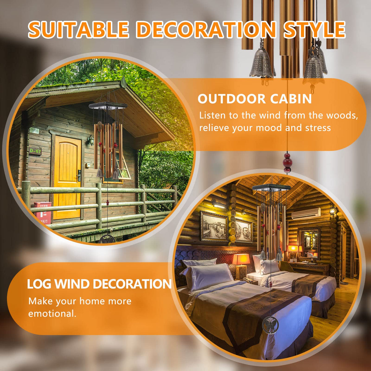 Bwinka wind chimes with wood top enhance porch decor.