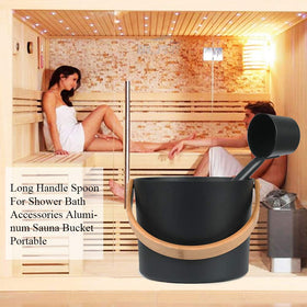 BWWNBY black sauna bucket showcases durable aluminum design.