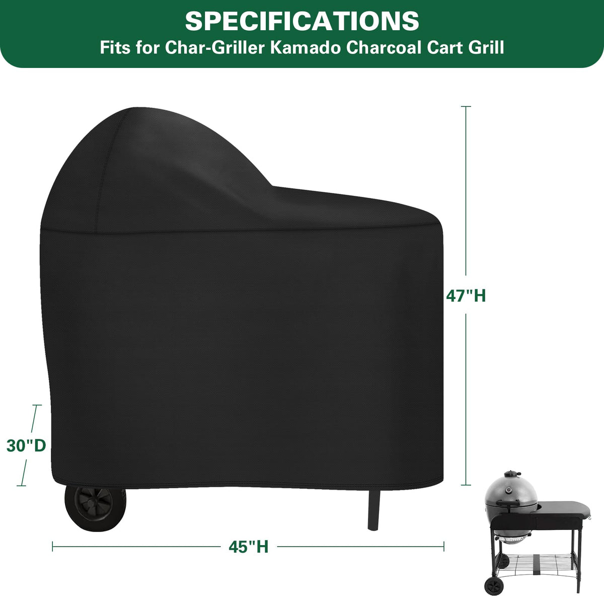 BXDZCOVRRS grill cover side view fits AKORN Cart securely and durably.