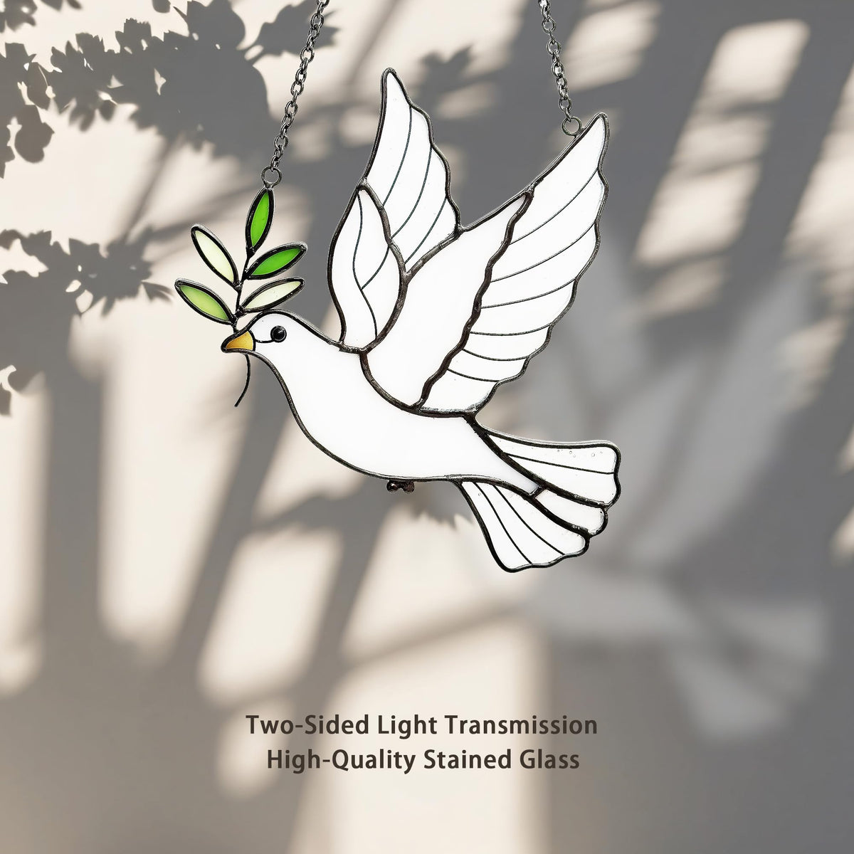 BXLZ Glass Dove Suncatcher closeup reveals vibrant colors and craftsmanship.