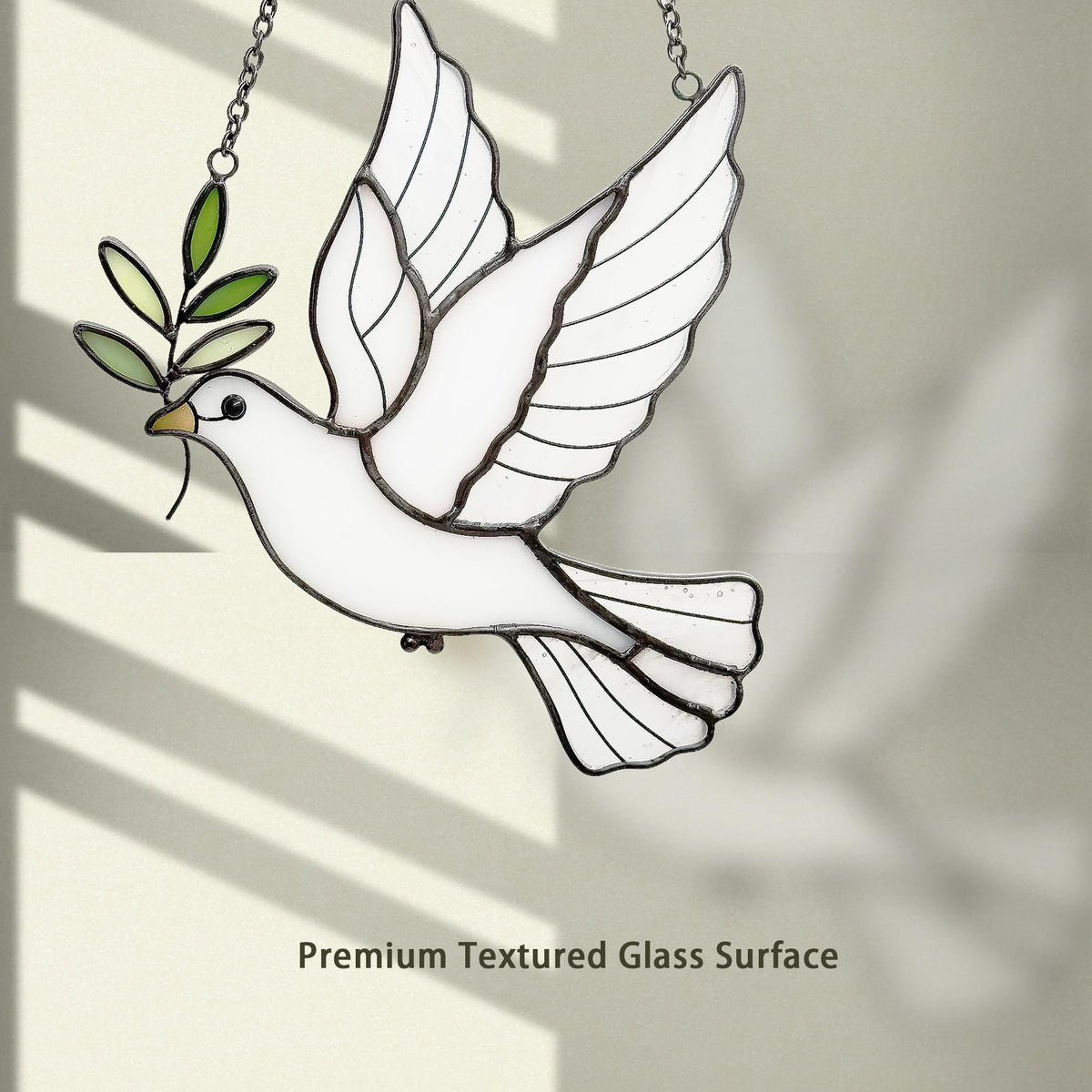 BXLZ White Dove Suncatcher hanging on a window for indoor/outdoor use.