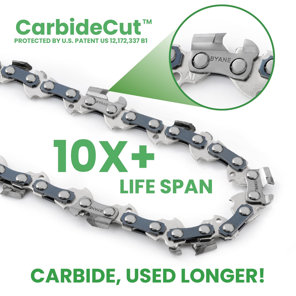 Byane 24inch carbide chainsaw chain mounted on bar demonstrates precise fit for heavy-duty saws