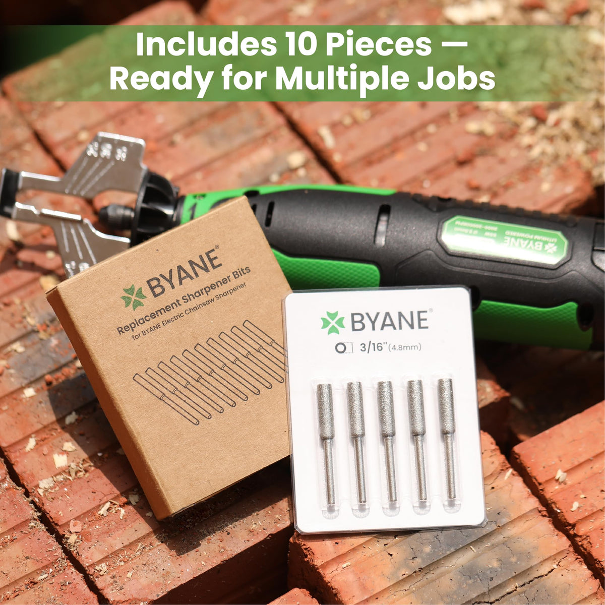 Byane 10-pack diamond bits, four sizes cover common chain pitches.