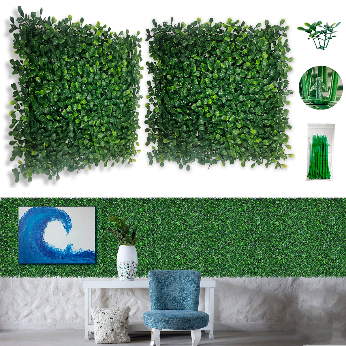 Bybeton grass wall panel closeup with dense 3D blades for realistic texture.
