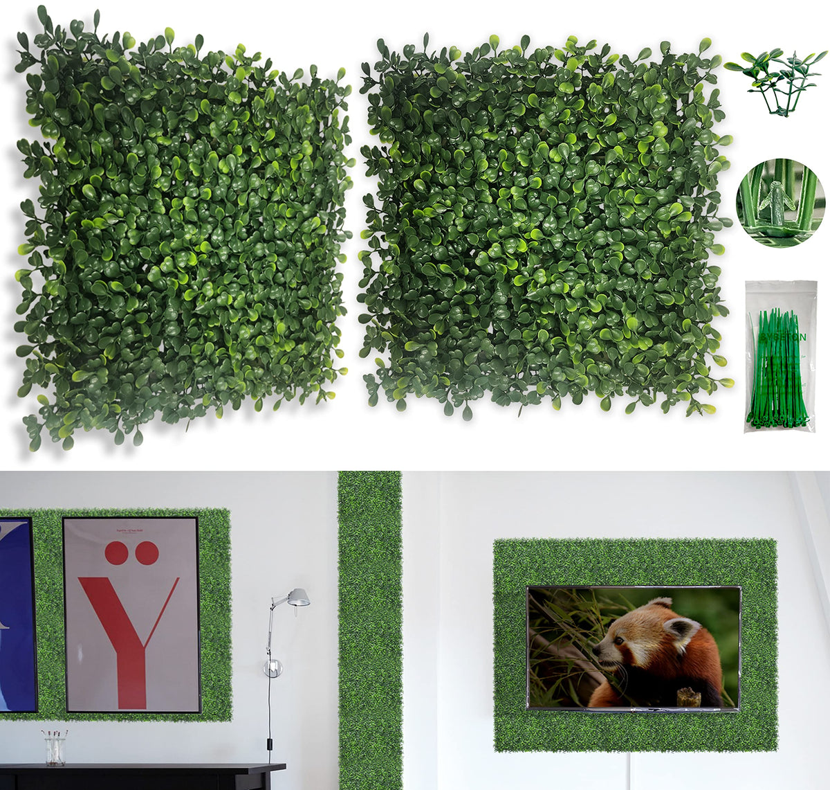 Bybeton 12-pack artificial grass wall panels, 10x10 inches, ideal for indoor and outdoor backdrops.