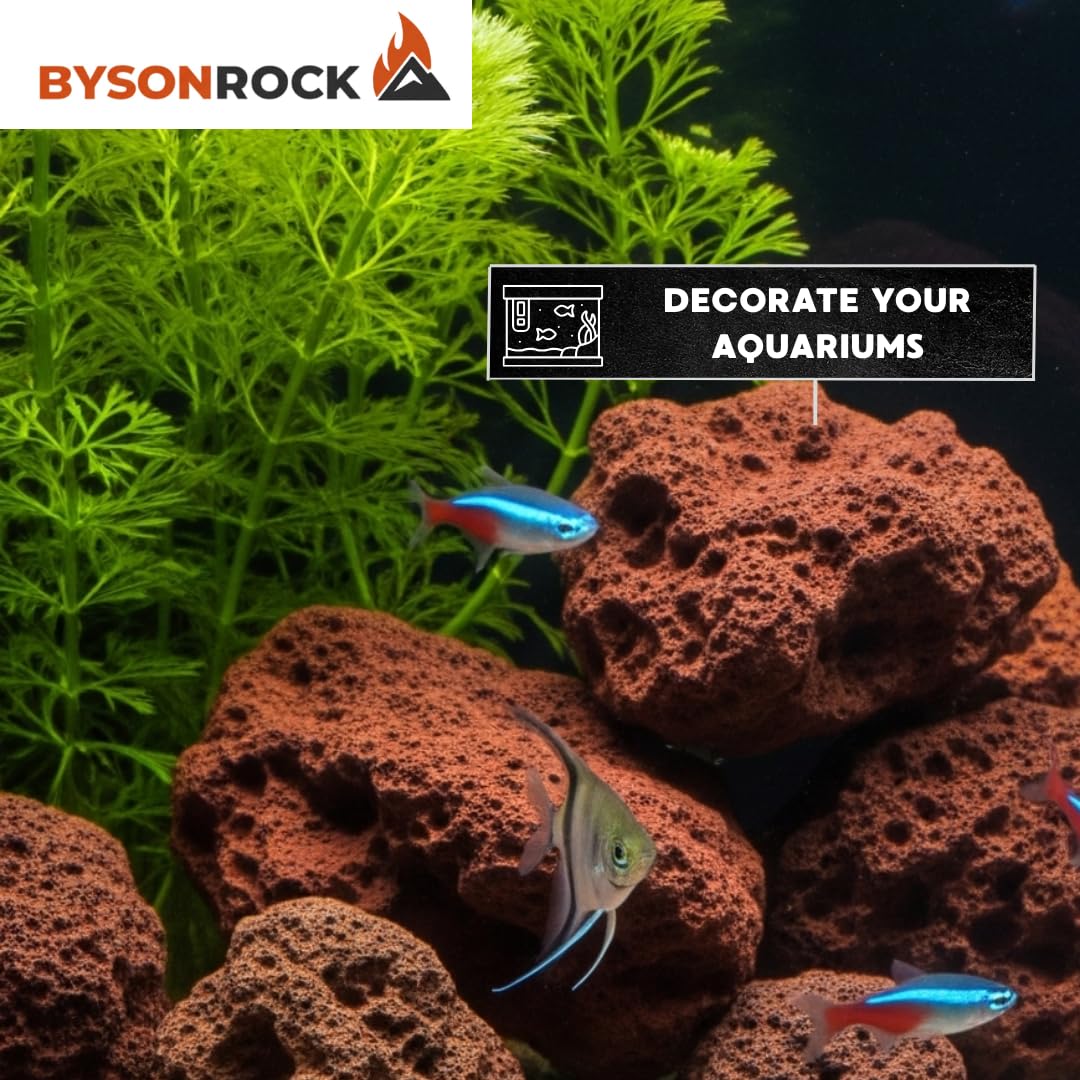 BysonRock red lava rocks are lightweight and durable for outdoor use.