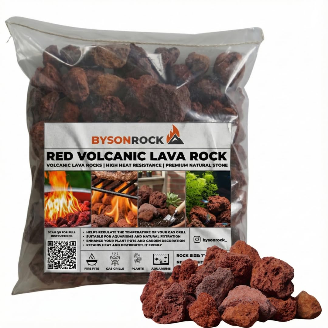 BysonRock red lava rocks in fire pit 1-3 inch, durable heat-retaining stones.