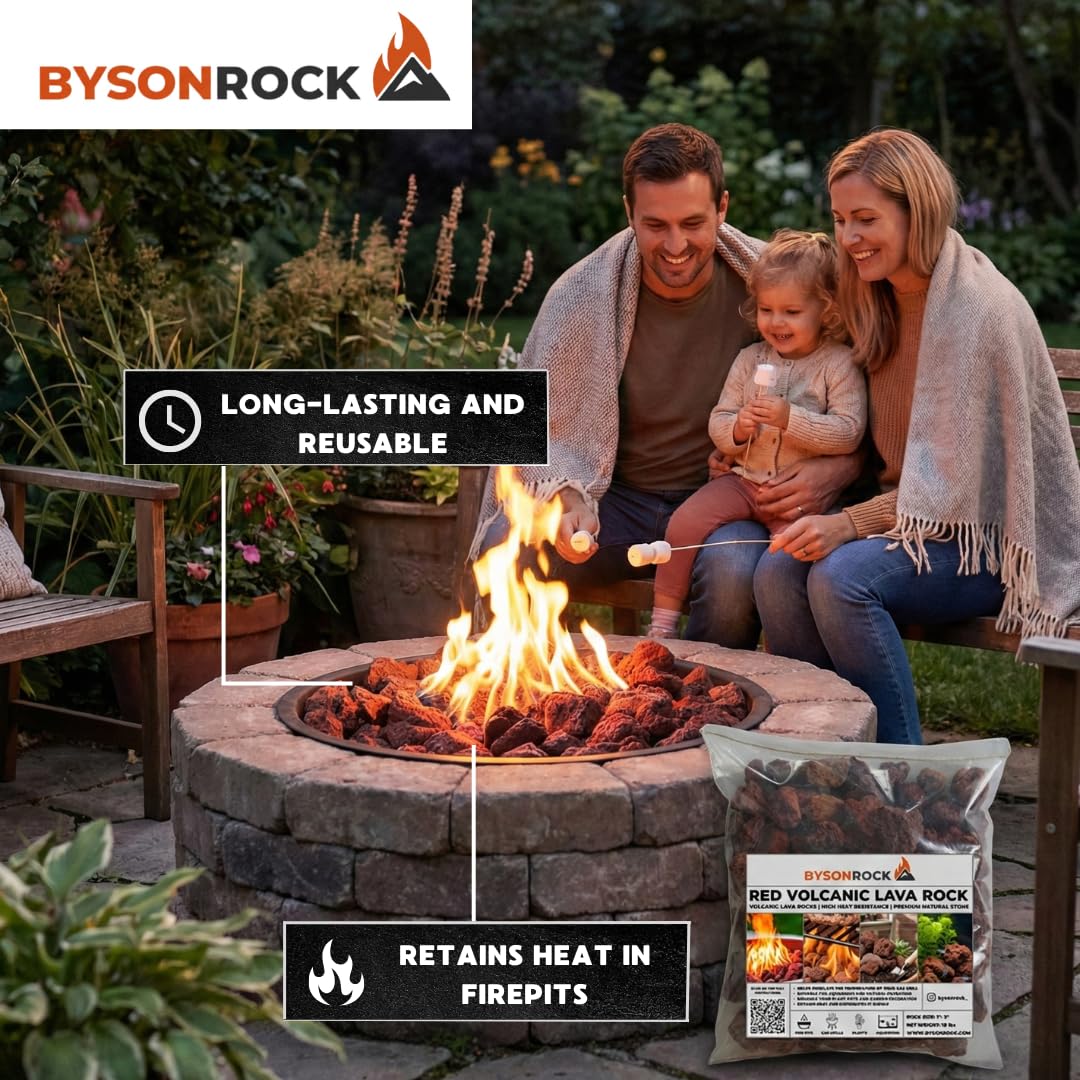 BysonRock red lava rocks in fireplace setup showing natural color and texture.