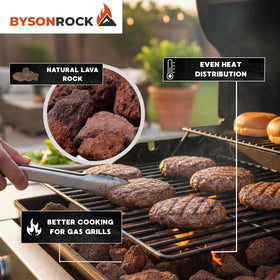 BysonRock red lava rocks used as gas grill base for even heat distribution.