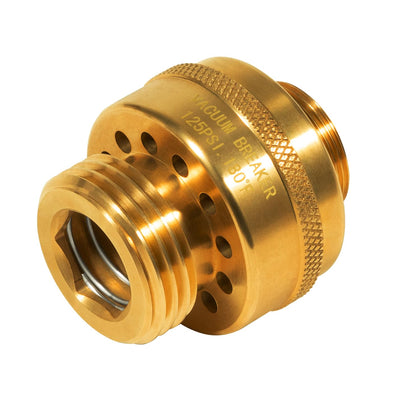 Bzcovac 34HF vacuum breaker on an outdoor faucet showing durable brass construction for outdoor use
