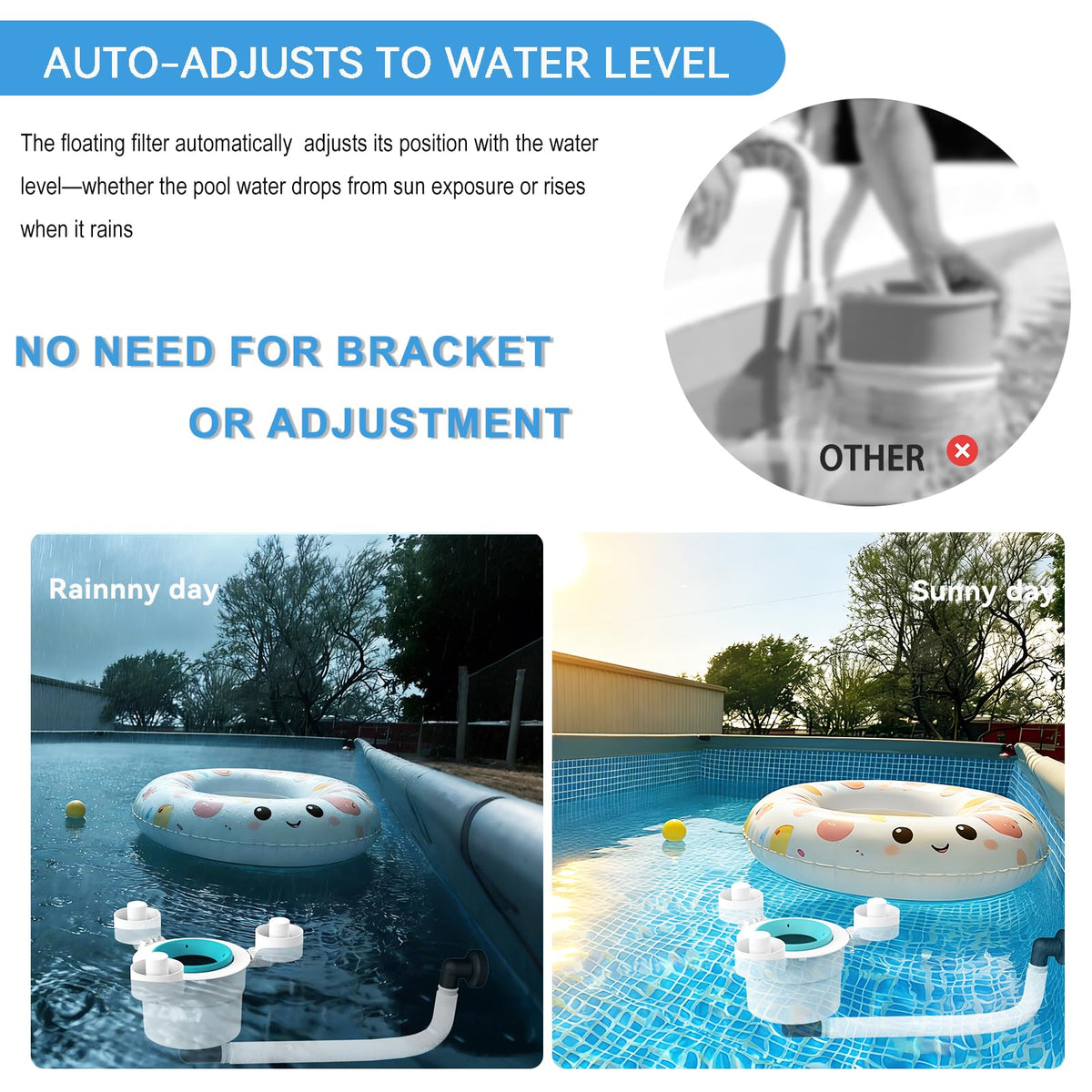 Bzyltrux pool skimmer with tri-float design provides stable surface cleaning coverage.