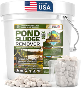 Cabin Obsession pond sludge remover bottle showing natural bacteria enzymes for healthier pond water