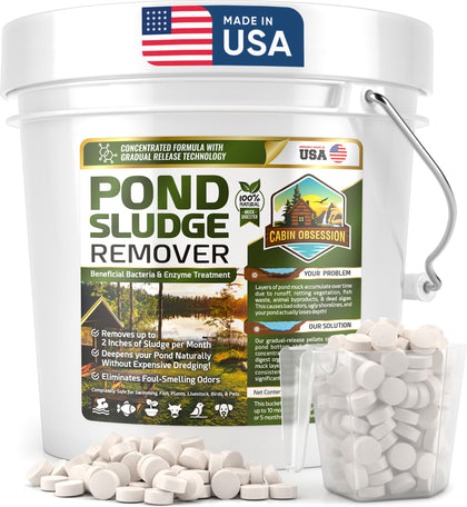Cabin Obsession pond sludge remover bottle showing natural bacteria enzymes for healthier pond water