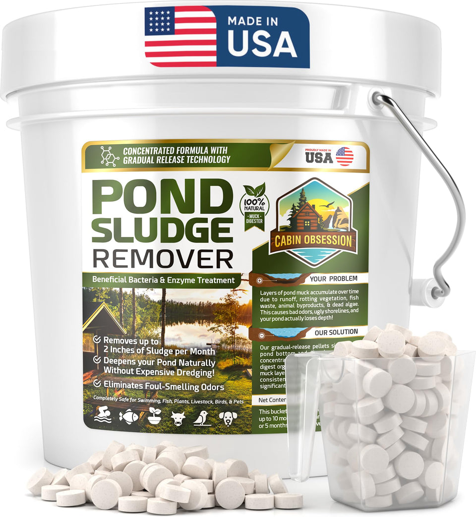 Cabin Obsession pond sludge remover bottle showing natural bacteria enzymes for healthier pond water
