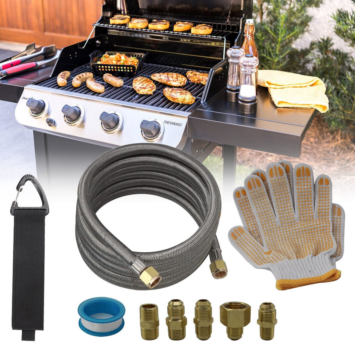 Six adapter options support multiple propane connections for varied setups.
