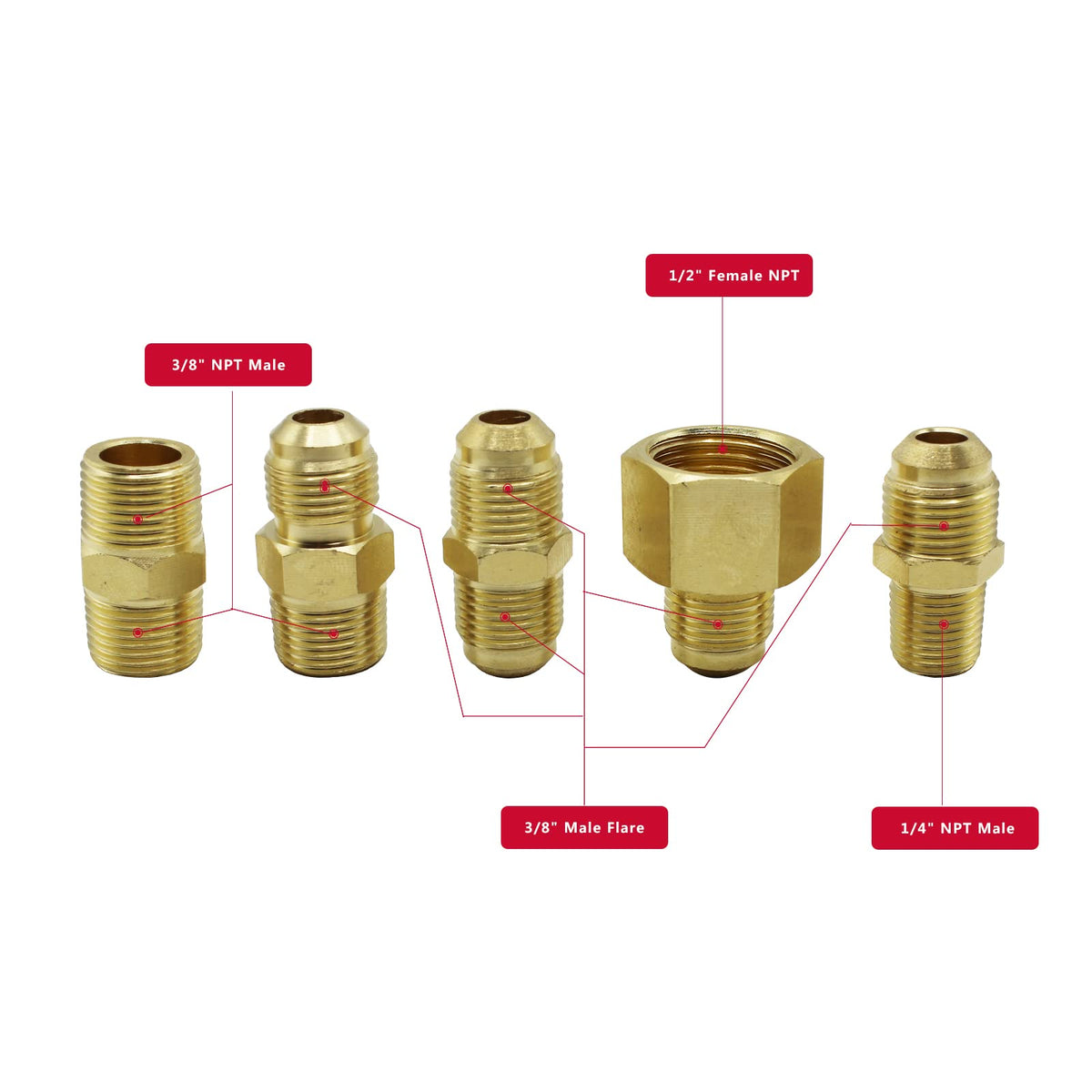 Brass adapters kit included for versatile 3/8 flare connections to grills and heaters.