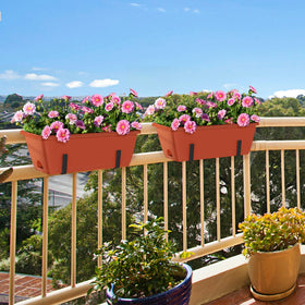 CADUKE red deck planter on railing offers compact outdoor styling