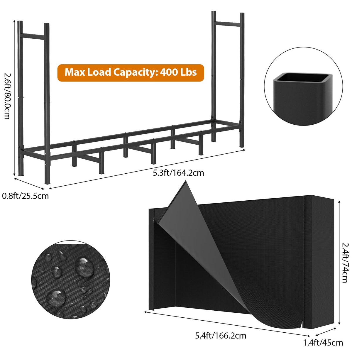 CADUKE firewood rack cover attachment shows zipper and Velcro for secure use.