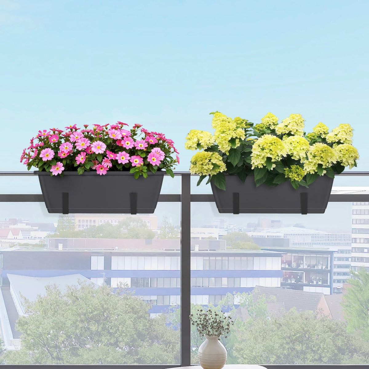 CADUKE railing planter boxes bracket adjustment view showing easy installation on rails.