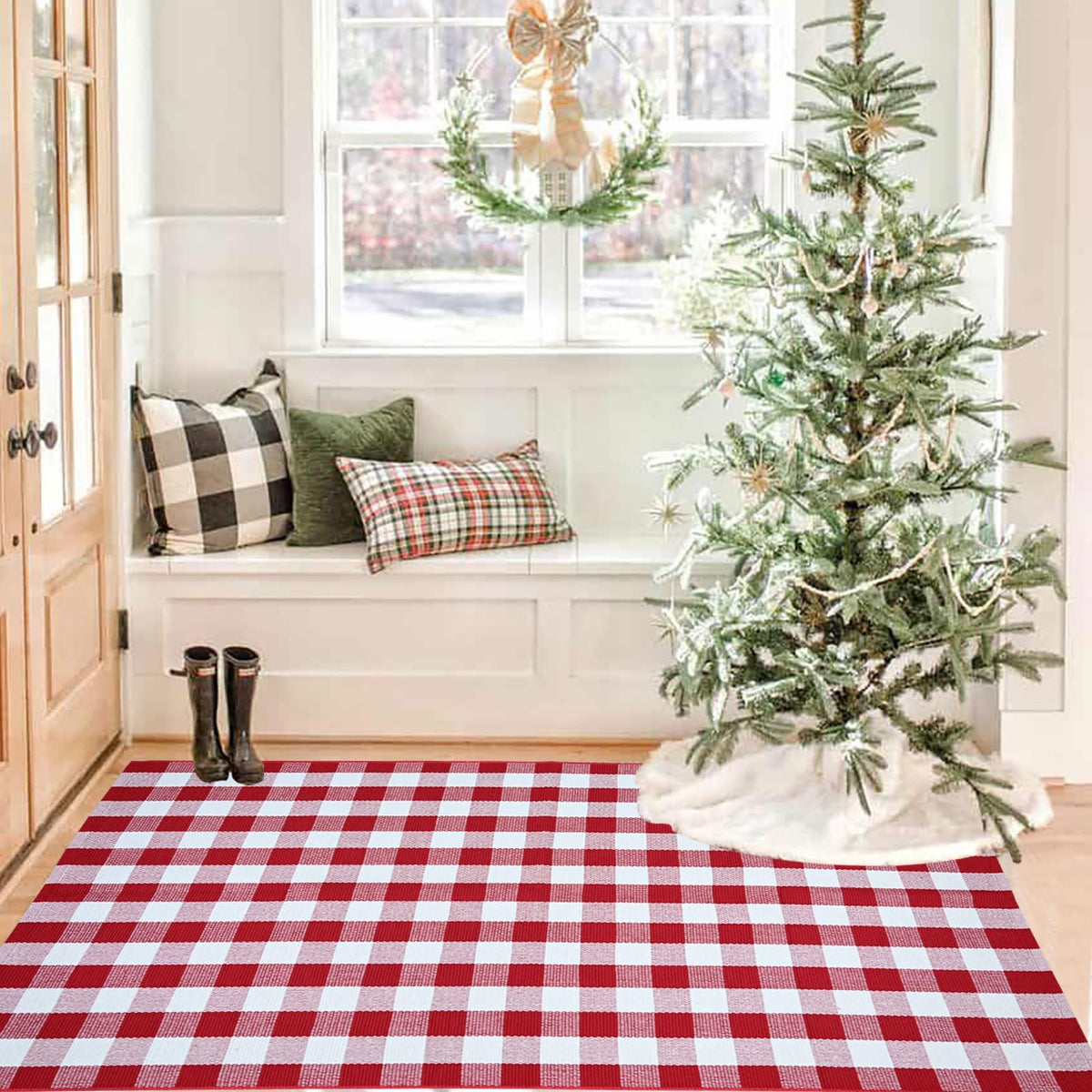 CAINANEL deck porch veranda mat welcoming guests with festive red plaid