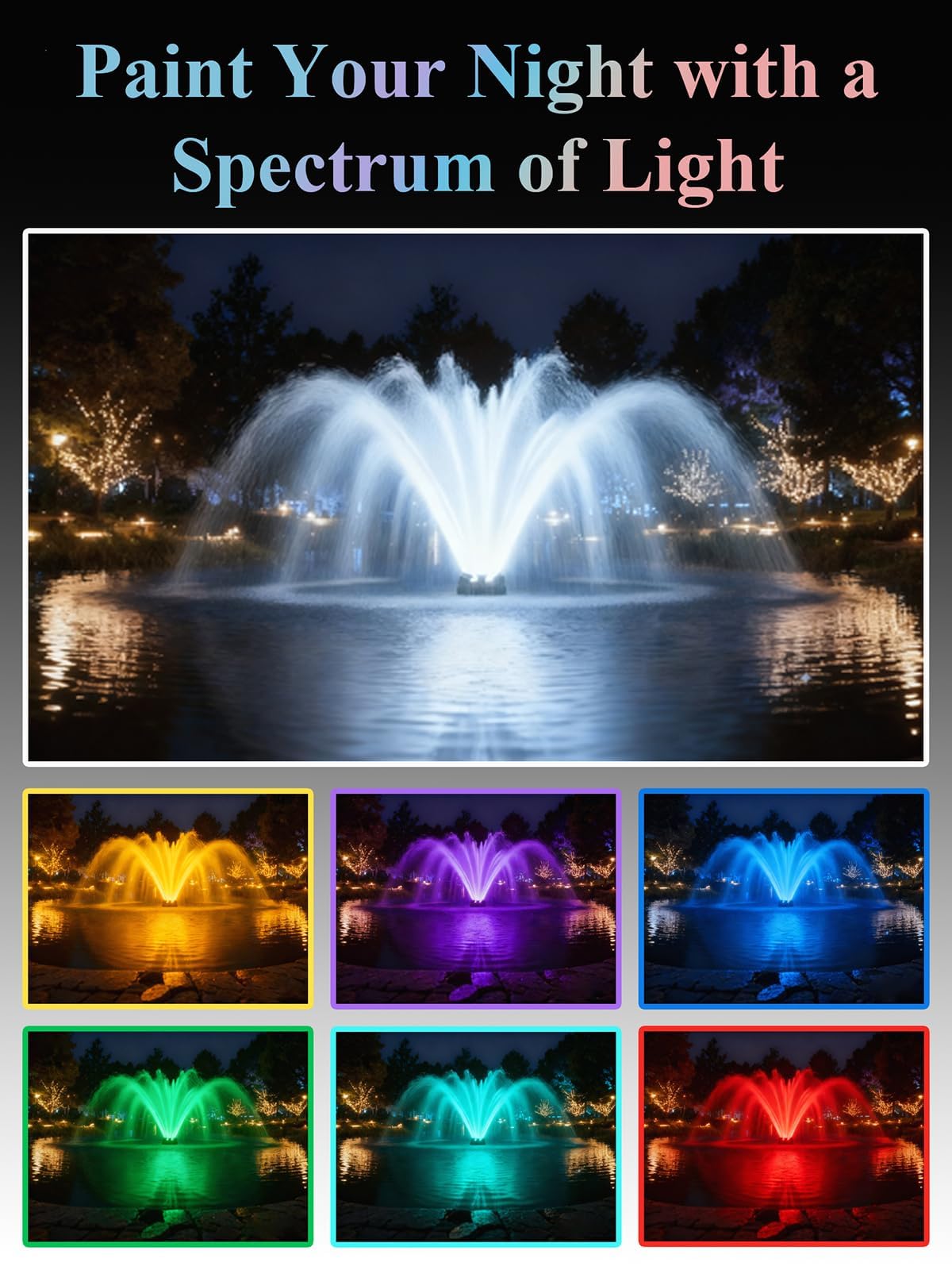 Cakuuma dynamic RGB lighting enhances nighttime pond displays for curb appeal.