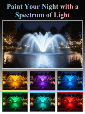 Cakuuma dynamic RGB lighting enhances nighttime pond displays for curb appeal.