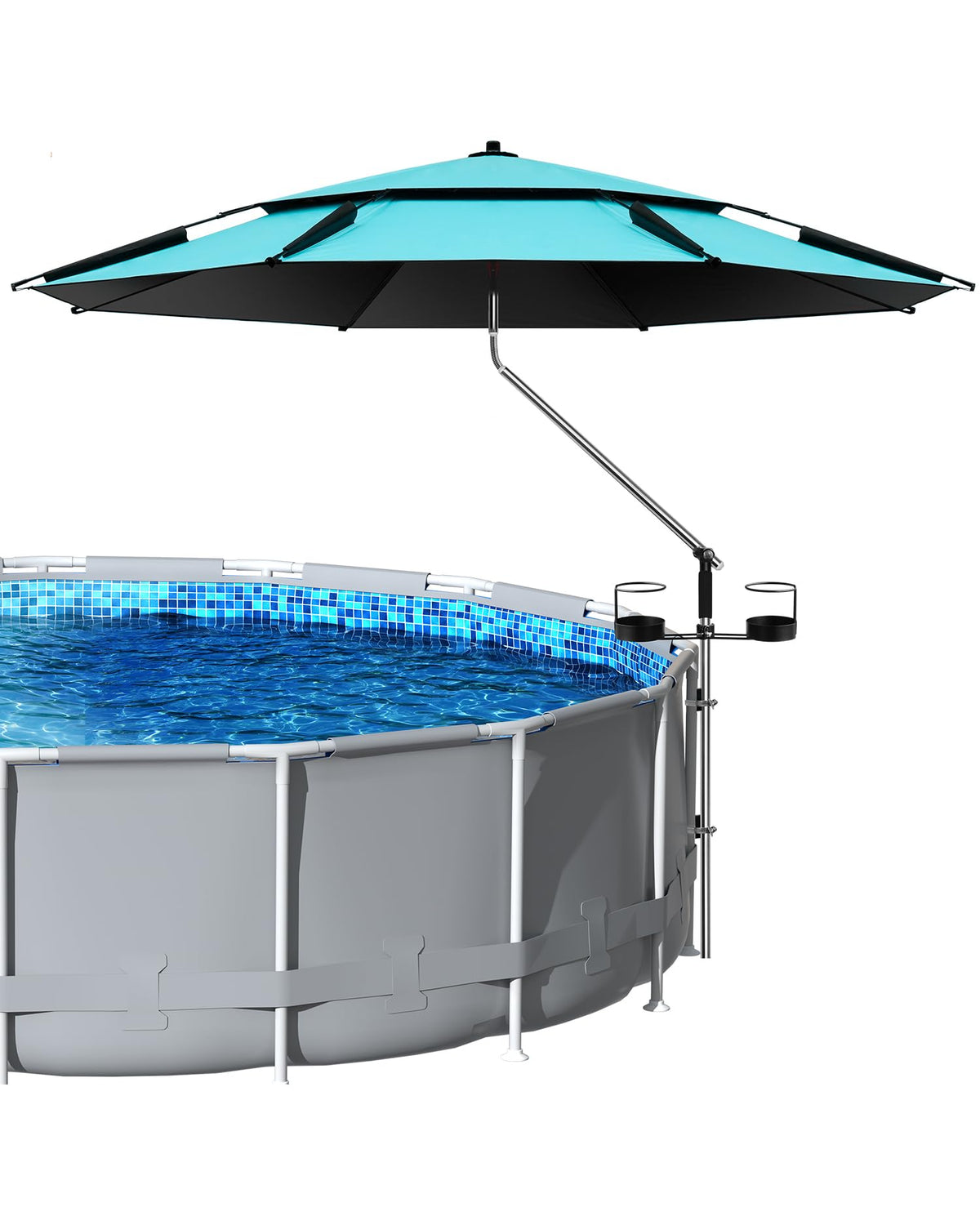 Calanofin above-ground pool shade umbrella assembled over pool for all-day sun protection.