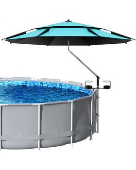 Calanofin above-ground pool shade umbrella assembled over pool for all-day sun protection.