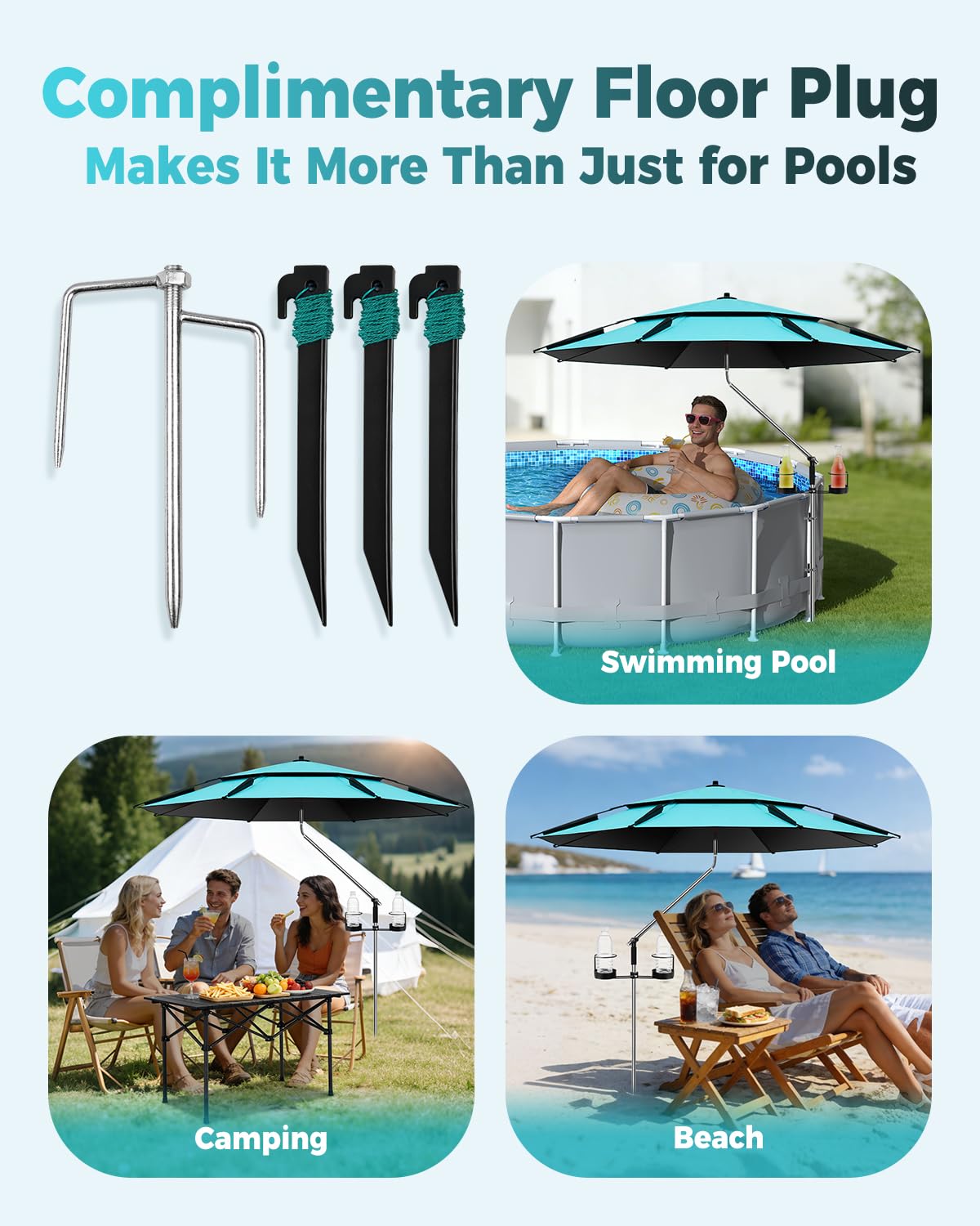 Calanofin umbrella supports oval or rectangular above-ground pools.